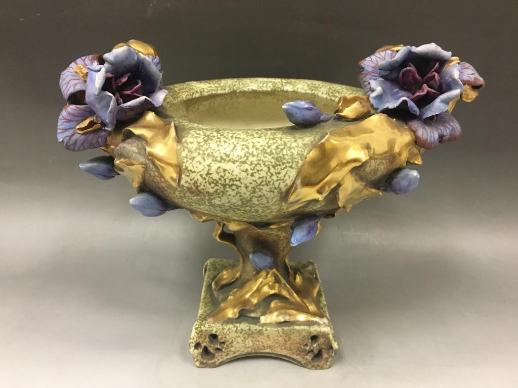 Amphora Art Nouveau Porcelain Footed Bowl: Amphora Art Nouveau Porcelain Footed Bowl. Old Very Tight Hairline Fracture on One Side of Base. Provenance from an Upper East Side Apartment. Dimensions- H-10" x W-11".