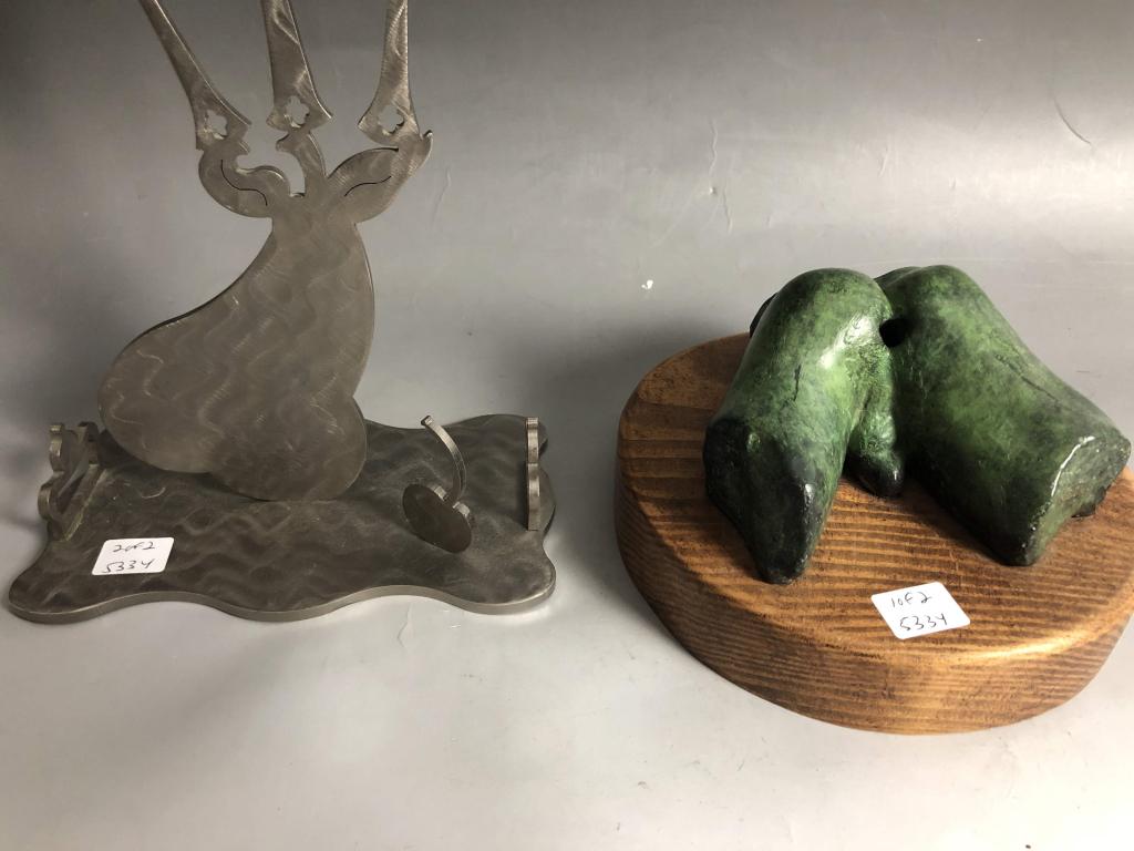 Erotic Nude Male Bronze Pen Holder Signed: Erotic Nude Male Bronze Pen Holder Signed, Along w/ Fish & Tea Cup Candle Stick Holder Signed Amy Hess Ark, NY. Brutalist Sculpture. Provenance From a Long Island Home. Dimensions- Candle- H-22.5".