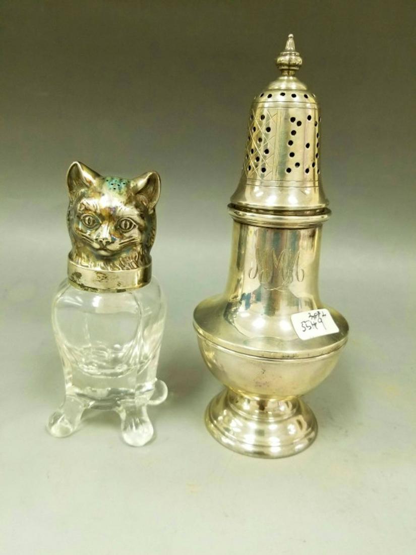 Sterling Silver Black Starr & Gorham Sugar Shaker: 2pc Lot Sterling Silver Black Starr & Gorham Powder Sugar Shaker & 800 Silver & Glass Sugar Shaker Depicting Cat. Provenance from a NY Estate. Good Condition. Weighable Silver- 210g/6.7ozt. Dimensions
