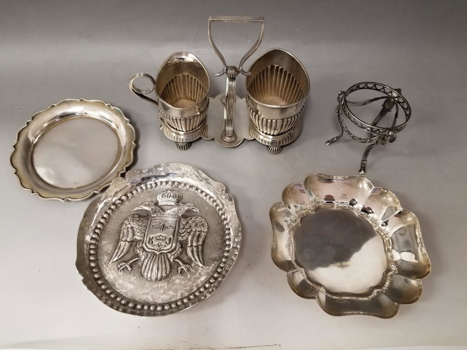 Large Lot of Sterling Silver Items: Large Lot of Sterling Silver Items Including 1 English Condiment Set, 1 S. Kirk & Son Small Dish, 1 900 Silver Small Dish w/ German or Russian Crest, 1 800 Silver Small Silver dish & 1 Other. 5 Items 