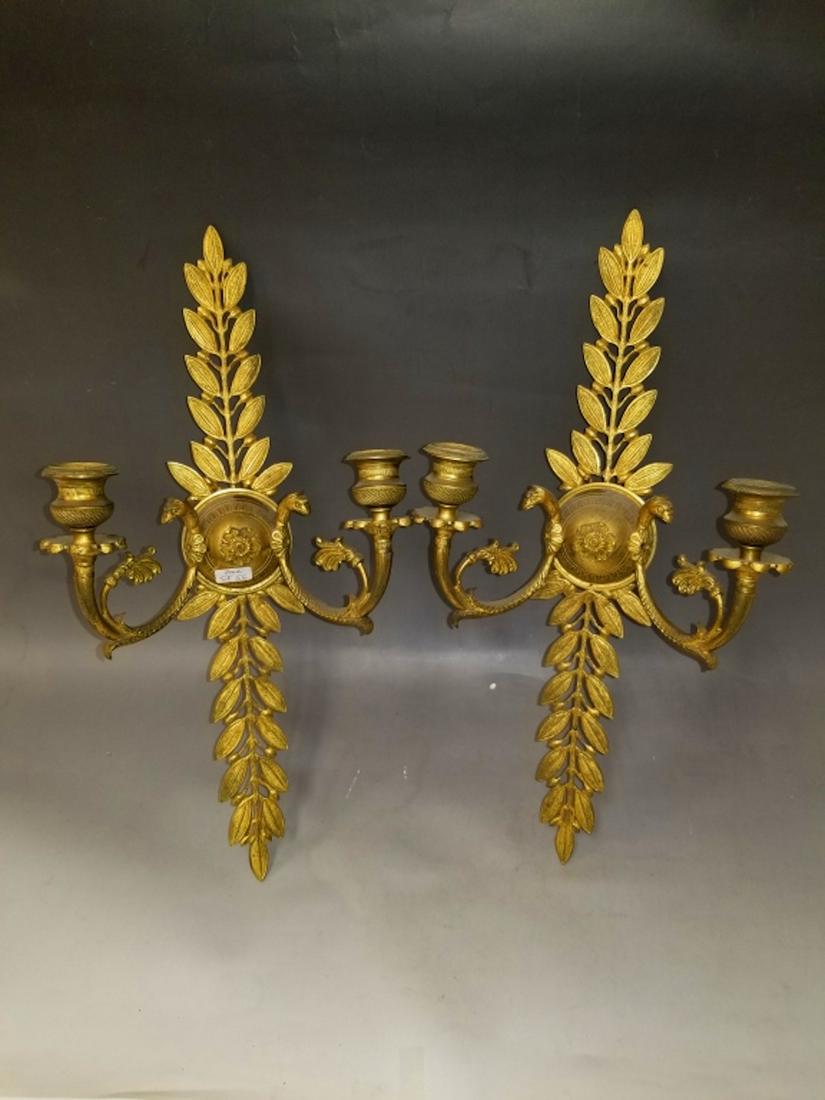 Pair of Early Bronze Wall Sconces: Pair of Early Bronze Wall Sconces. Provenance from a Bronx, NY Home. Generally Good Condition. Dimensions- H-18".