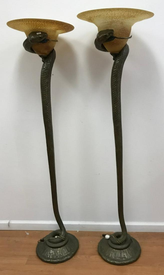 Pair of 1960's Bronze Floor Lamps: Pair of 1960's Bronze Floor Lamps (La Tentation). Style of Daum & Edgar Brandt. Provenance from a Queens Home. Good Condition. Dimensions- H-62".