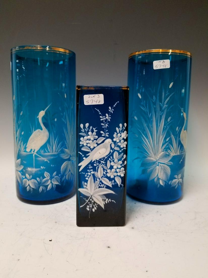 3 Mary Gregory Style Vases w/ White Enamel: 3 Mary Gregory Style Vases w/ White Enamel on Blue Glass. Provenance from a NJ Estate. Generally Good Condition. Dimensions-Tallest- H-9.5" x Dia-4".