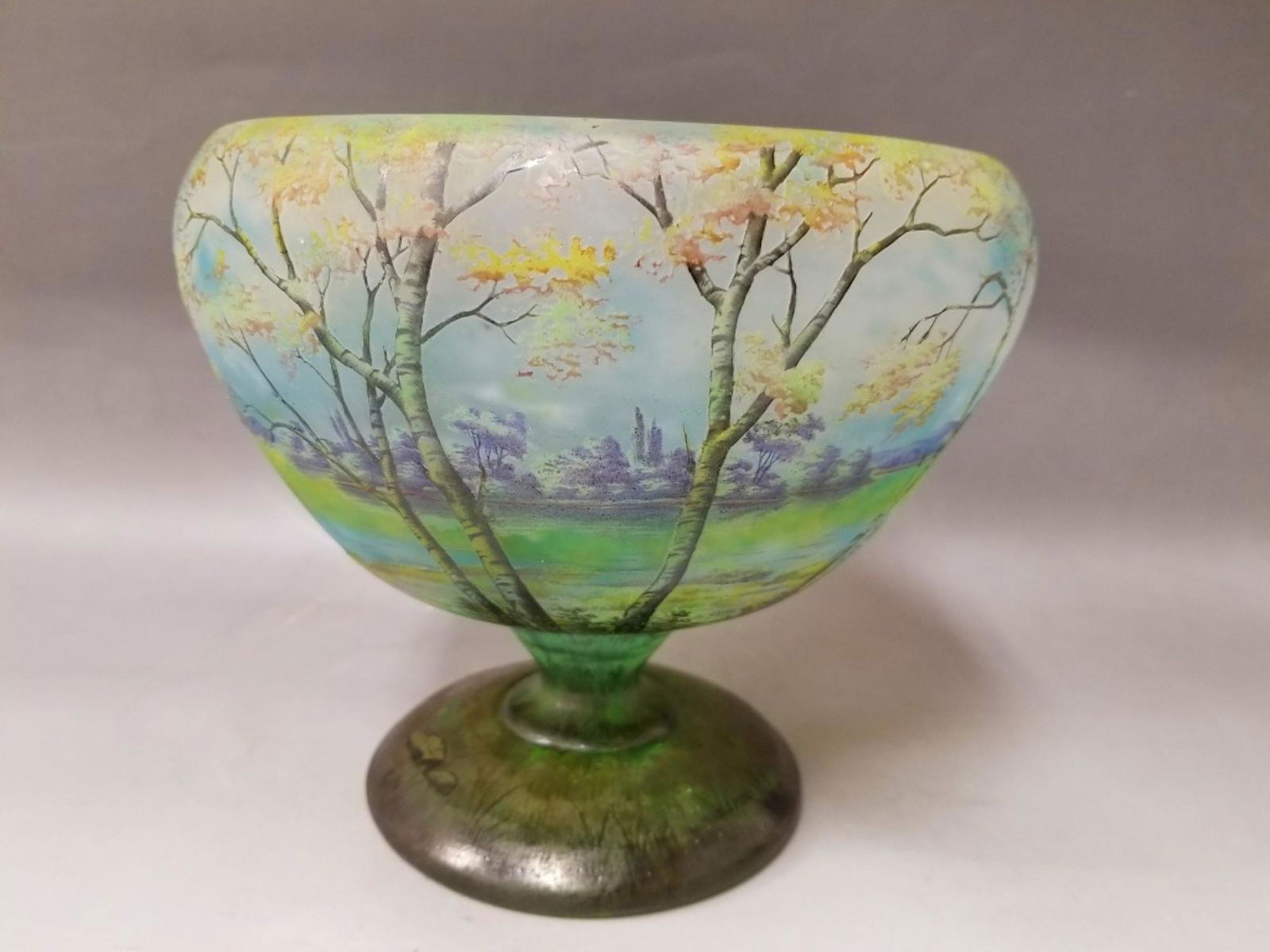 Daum Nancy Art Nouveau Cameo Glass & Enameled Bowl: Daum Nancy Art Nouveau Cameo Glass & Enameled Scenic Footed Bowl. Provenance from a Private Collector in Westchester, NY. Excellent Condition. Dimensions- H- 6" x Dia-7".