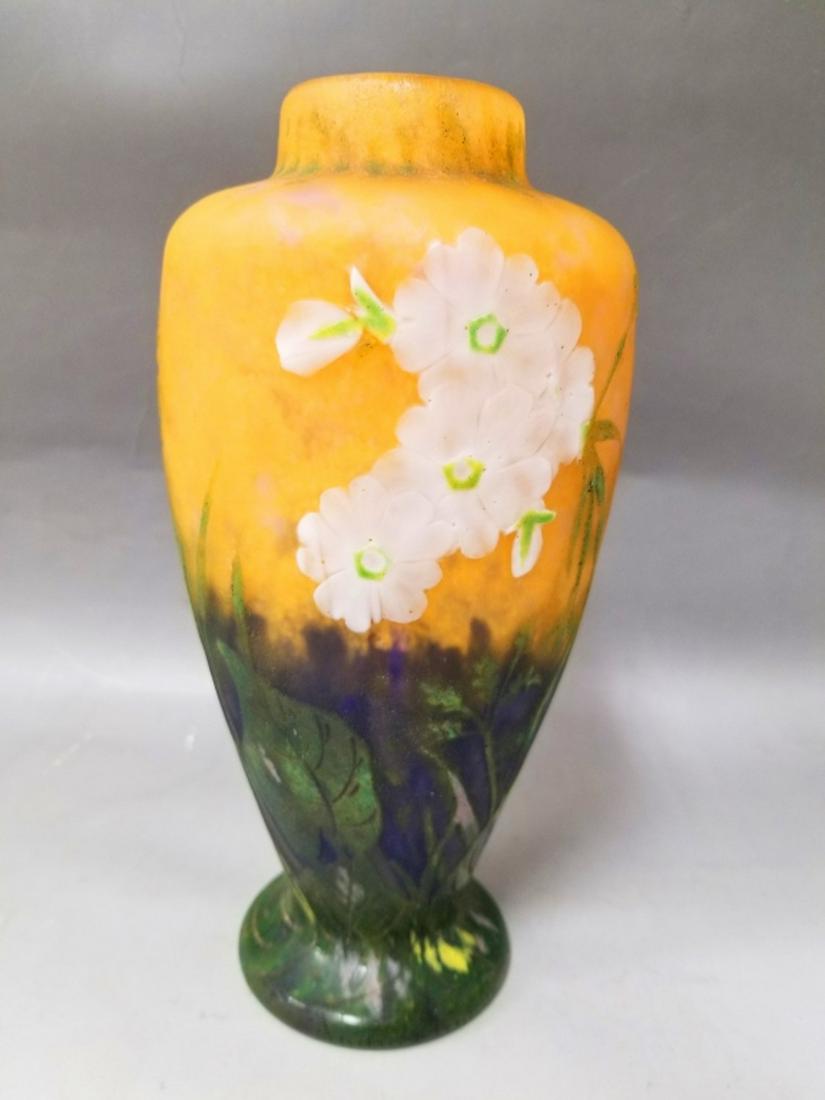 Daum Nancy Art Nouveau Cameo Glass Vase w/ Flowers: Daum Nancy Art Nouveau Cameo Glass Vase w/ Applied & Carved Flowers. Provenance from a Private Collector in Westchester, NY. Excellent Condition. Dimensions- H-8" x Dia-4".