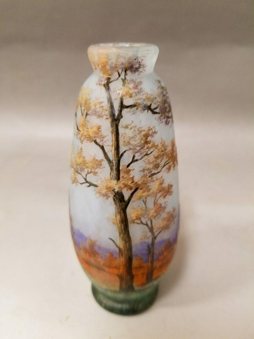 Daum Nancy Art Nouveau Cameo Glass Vase: Daum Nancy Art Nouveau Cameo Glass Vase w/ Enameled Scene. Provenance from a Private Collector in Westchester, NY. Excellent Condition. Dimensions- H-4.5" x Dia-2".