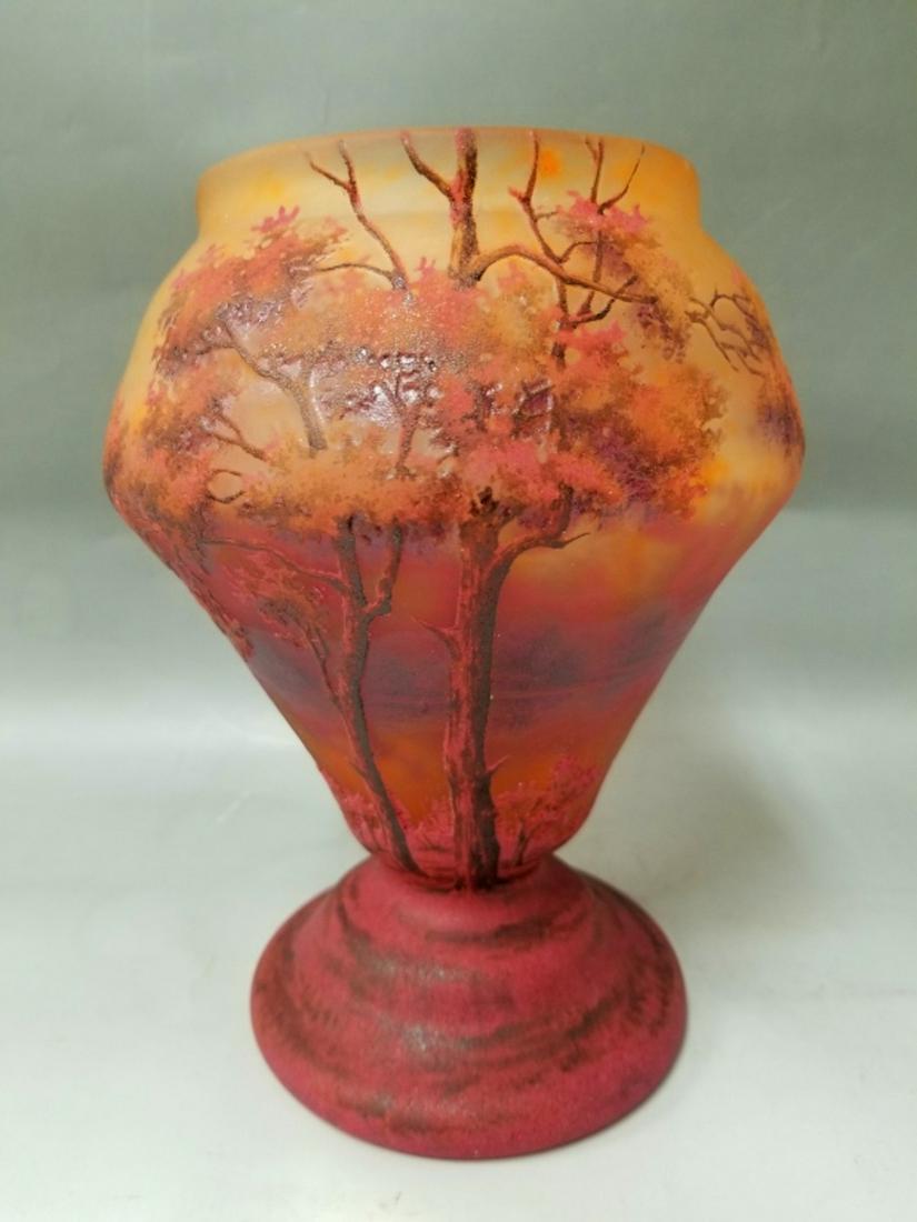 Daum Nancy Cameo Glass & Enameled Vase w/ Trees: Daum Nancy Cameo Glass & Enameled Vase w/ Red Trees. Provenance from a Private Collector in Westchester, NY. Excellent Condition. Dimensions- H-7.75" x W-5.5".