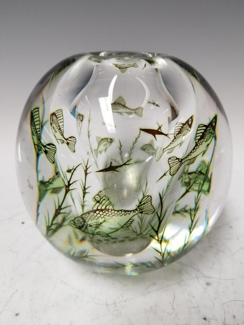 Orrefors Graal Fish Vase by Edward Hald: Orrefors Graal Fish Vase by Edward Hald. #637L. Provenance from a Private Collector in Westchester, NY. Excellent Condition. Dimensions- H-4.25" x Dia-4.25".