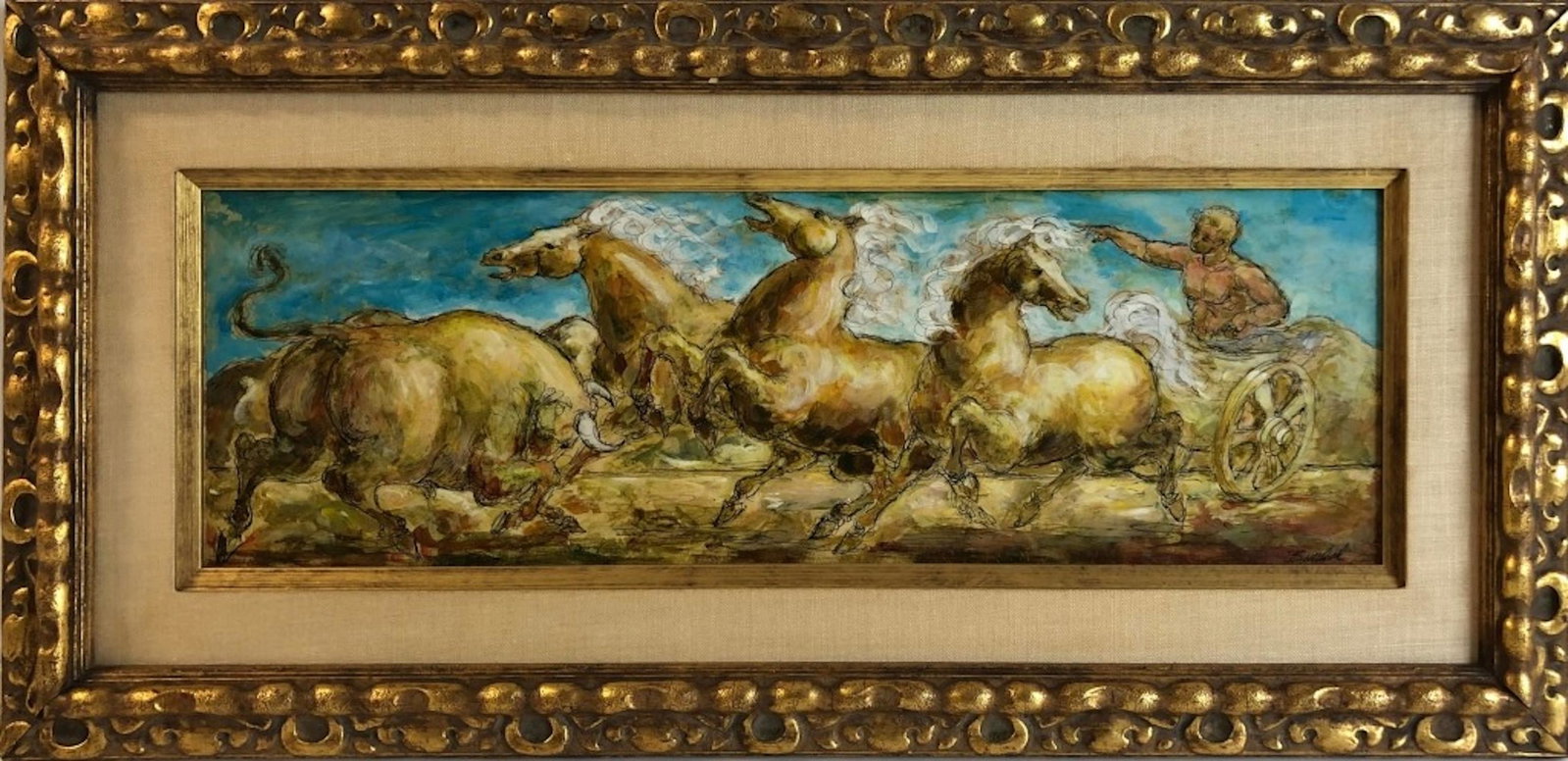 Charles Burdick, American (Born 1924) Oil on Board: Charles Burdick, American (Born 1924) Oil on Board. Horses & Bull. Provenance From a Long Island Home. Excellent Condition. Dimensions- Sight- 21.5" x 7". Frame- 27" x 13".