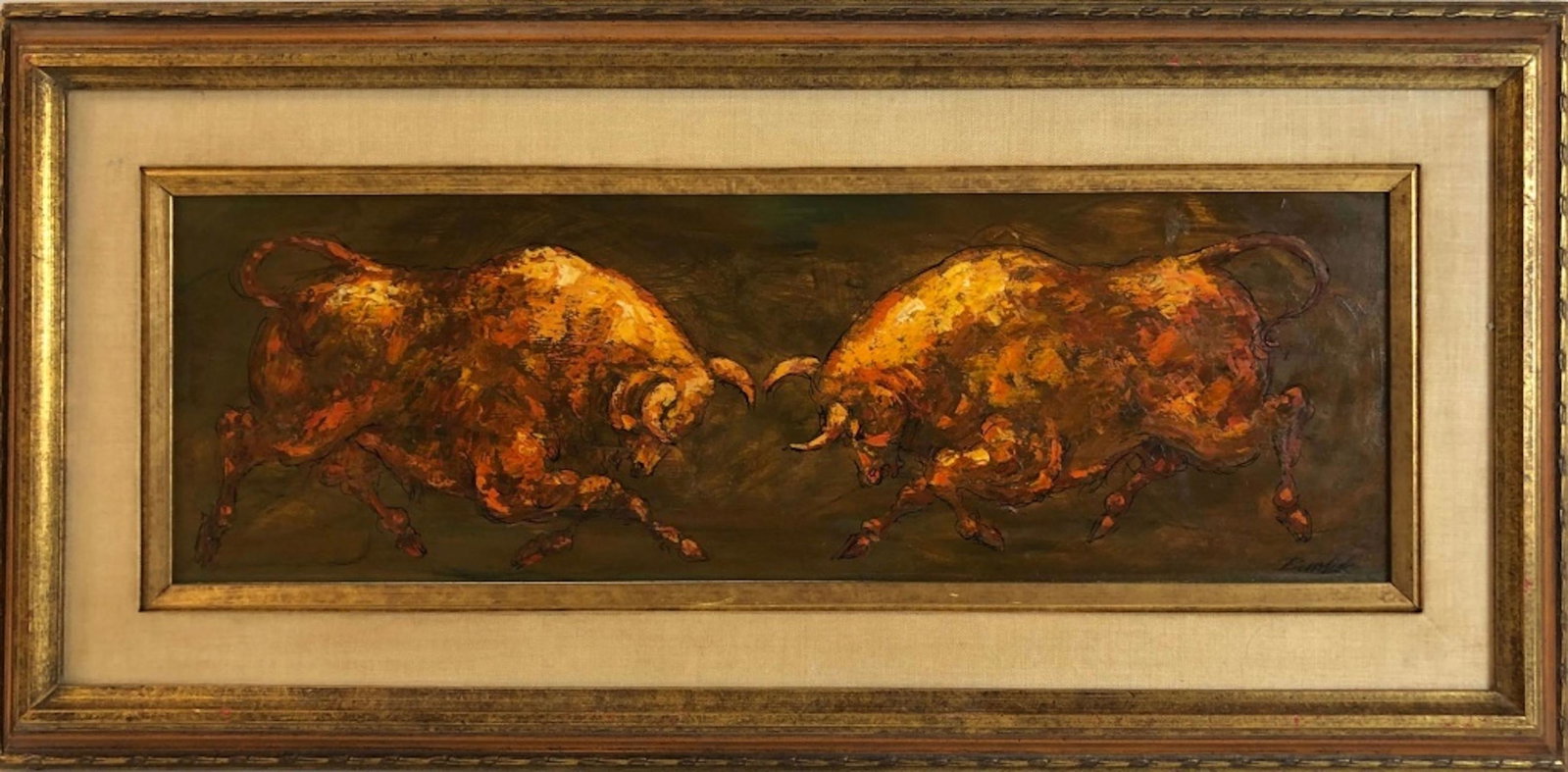 Charles Burdick, American (Born 1924) Oil on Board: Charles Burdick, American (Born 1924) Oil on Board of 2 Bulls. Provenance From a Long Island Home. Excellent Condition. Dimensions- Sight- 22" x 7.5". Frame- 28" x 13.5"