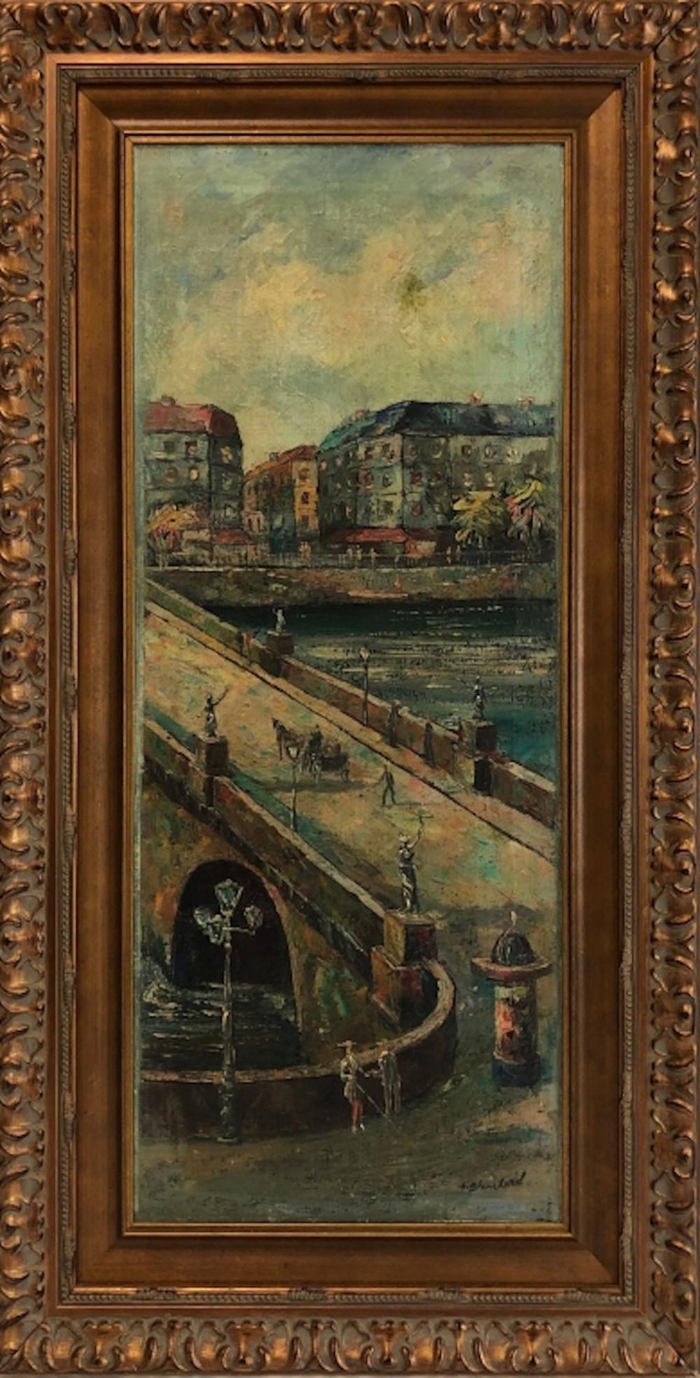 Antoine Blanchard, French (1910-1988) Attribution: Antoine Blanchard, French (1910-1988) Attribution O/C Paris Bridge. Some Restoration. Provenance from a Long Island, NY Home. Generally Good Condition. Dimensions- Sight- 13" x 33". Frame- 21" x42".