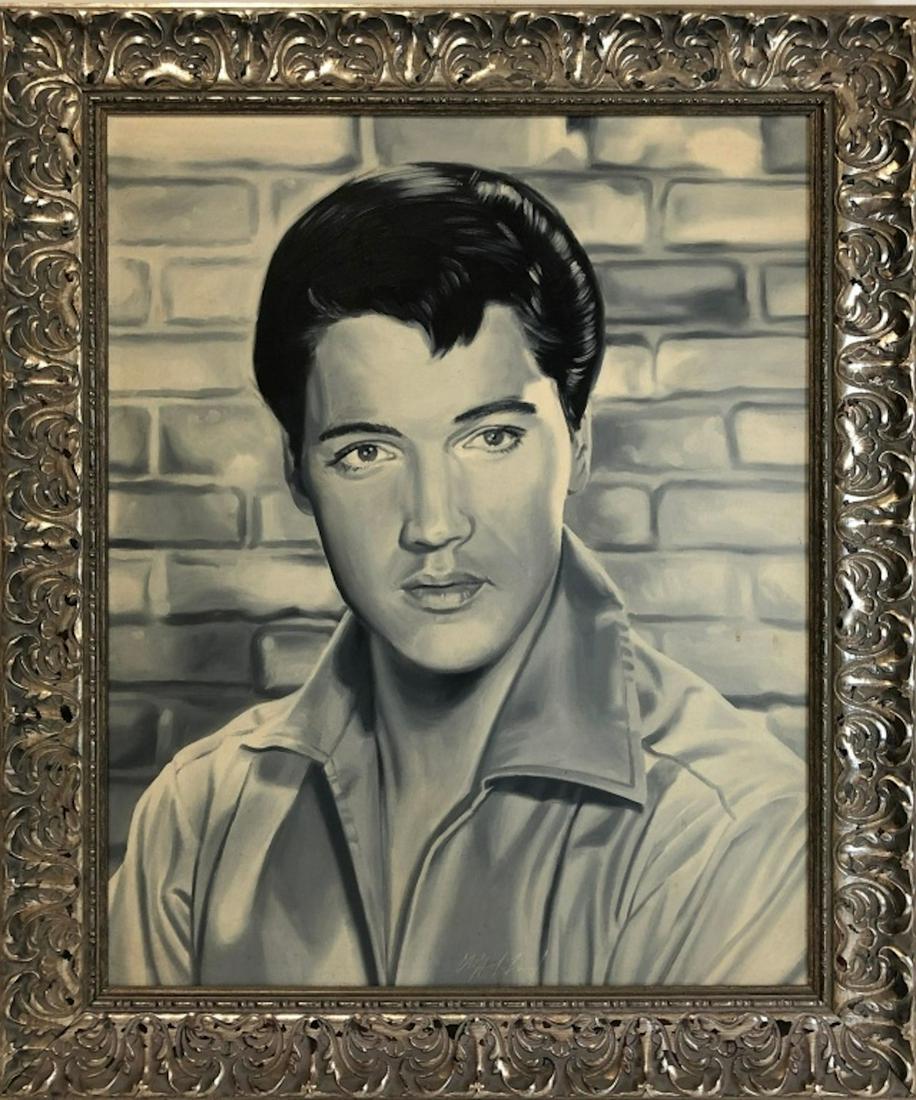Clifford Landon, American O/C of Elvis Presley: Clifford Landon, American O/C of Elvis Presley Dated 1993. Good Condition. Provenance from a Brooklyn Home. Dimensions- Sight- 24" x 30". Frame- 31" x 36".