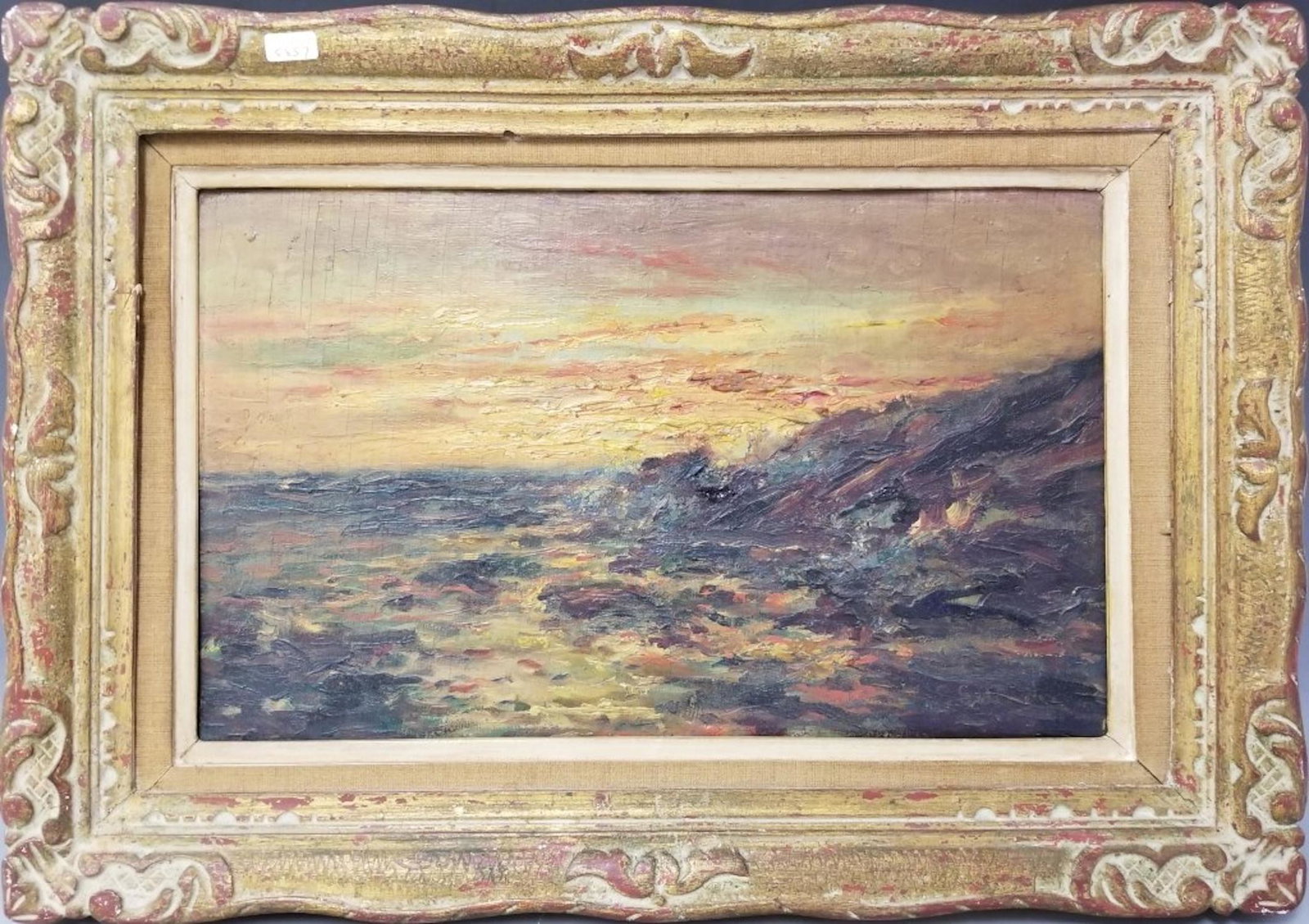 Giuseppe Solenghi, Italian Oil on Board: Giuseppe Solenghi, Italian (1879-1944) Oil on Board. The Sunset. Provenance from a Bronx, NY Home. Generally Good Condition. Dimensions- Sight- 18.5" x 11". Frame- 24" x 17".
