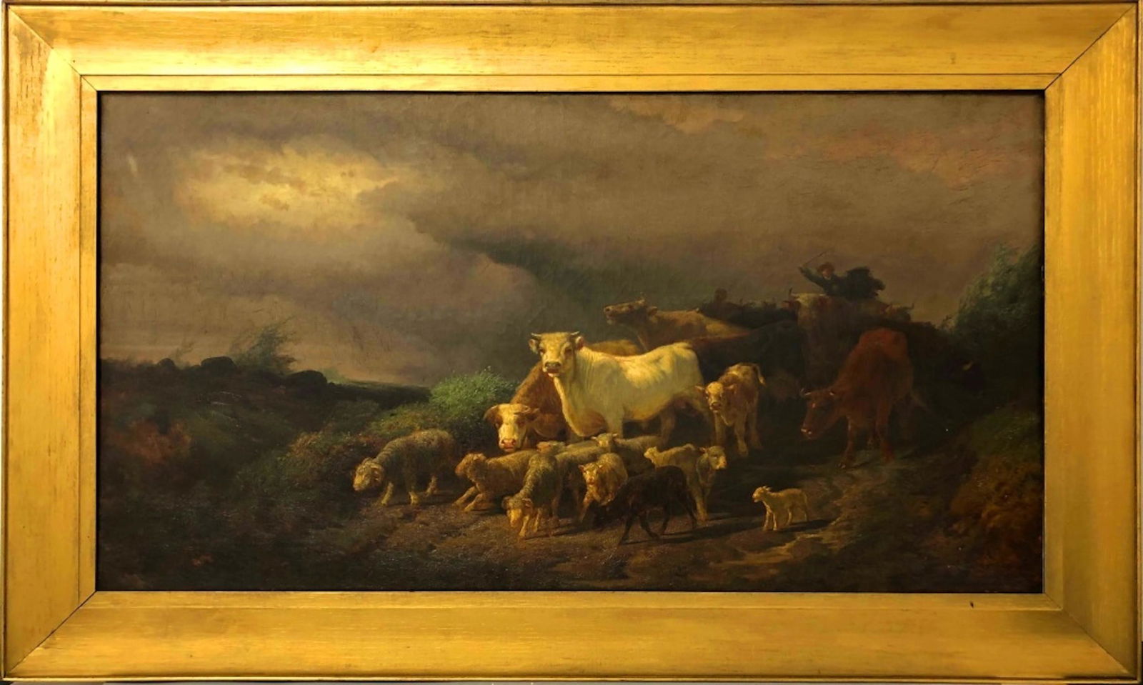 Peter Moran, American (1841-1914) O/C: Peter Moran, American (1841-1914) O/C of Shepard w/ Herd. Provenance from a NJ Estate. Good Condition. Dimensions- Sight- 36" x 20". Frame- 42" x 26".
