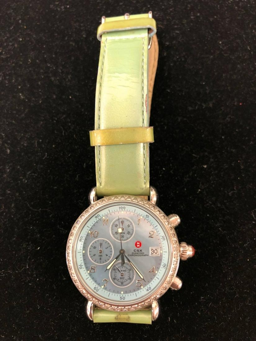 Michele Ladies CSX Chronograph Watch: Michele Ladies CSX Chronograph Watch w/ Diamond Bezel, Mother of Pearl Face & Leather Band. Provenance from a Long Island, NY Estate. Very Good Condition. Band has some discoloration. Dimensions- Dia.