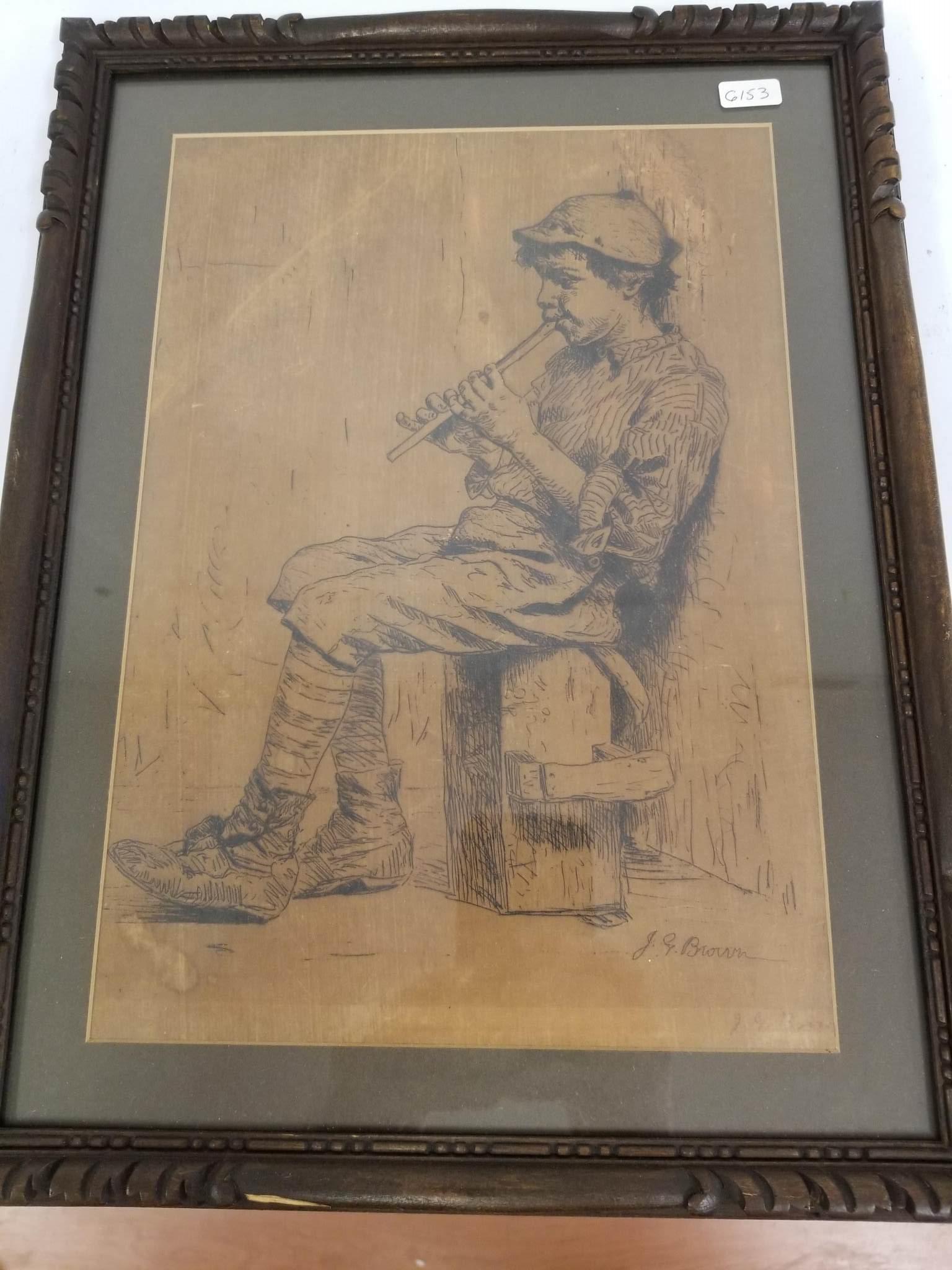 John George Brown, American (1831-1913) Etching: John George Brown, American, New York/California (1831-1913) Etching of Young Boy Playing an Instrument. Signed Lower Right. Provenance from a Queens, NY Home. Generally Good Condition. Dimensions- Si