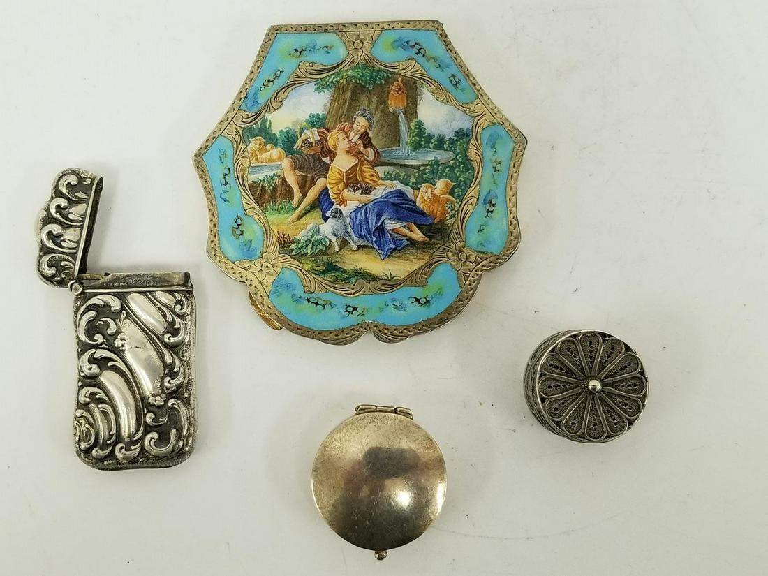 4pc Silver Box Lot Including 1 Large 800 Silver: 4pc Silver Box Lot Including 1 Large 800 Silver Enamel Compact, 1 Sterling Silver Match Safe & 2 Other Boxes. All in Good Condition. Provenance From a Florida Estate. Dimensions- Compact- Dia-3.5". Pl