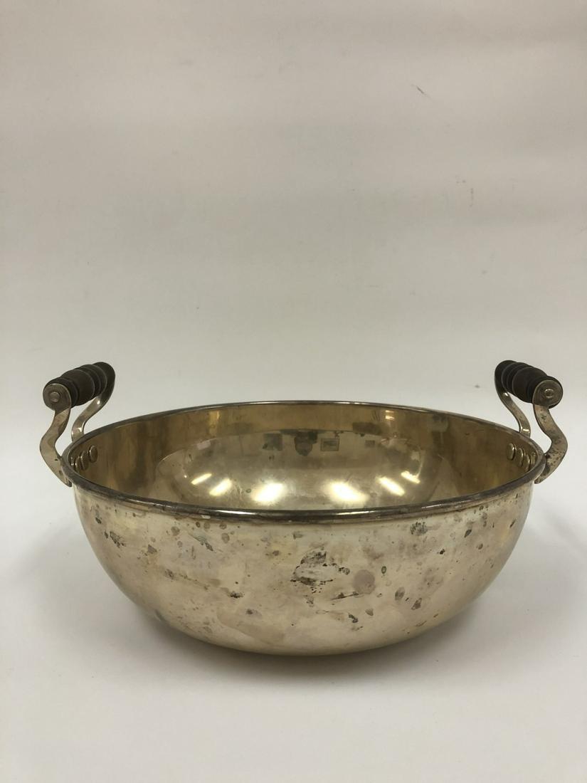 Unusual English Sterling Silver Casserole Dish: Unusual English Sterling Silver Casserole Dish w/ Wood Handles, Fully Hallmarked. Maker S.J. Phillips. Provenance from a New York Estate. Generally Good Condition. Small ding on bottom. Dimensions- H-