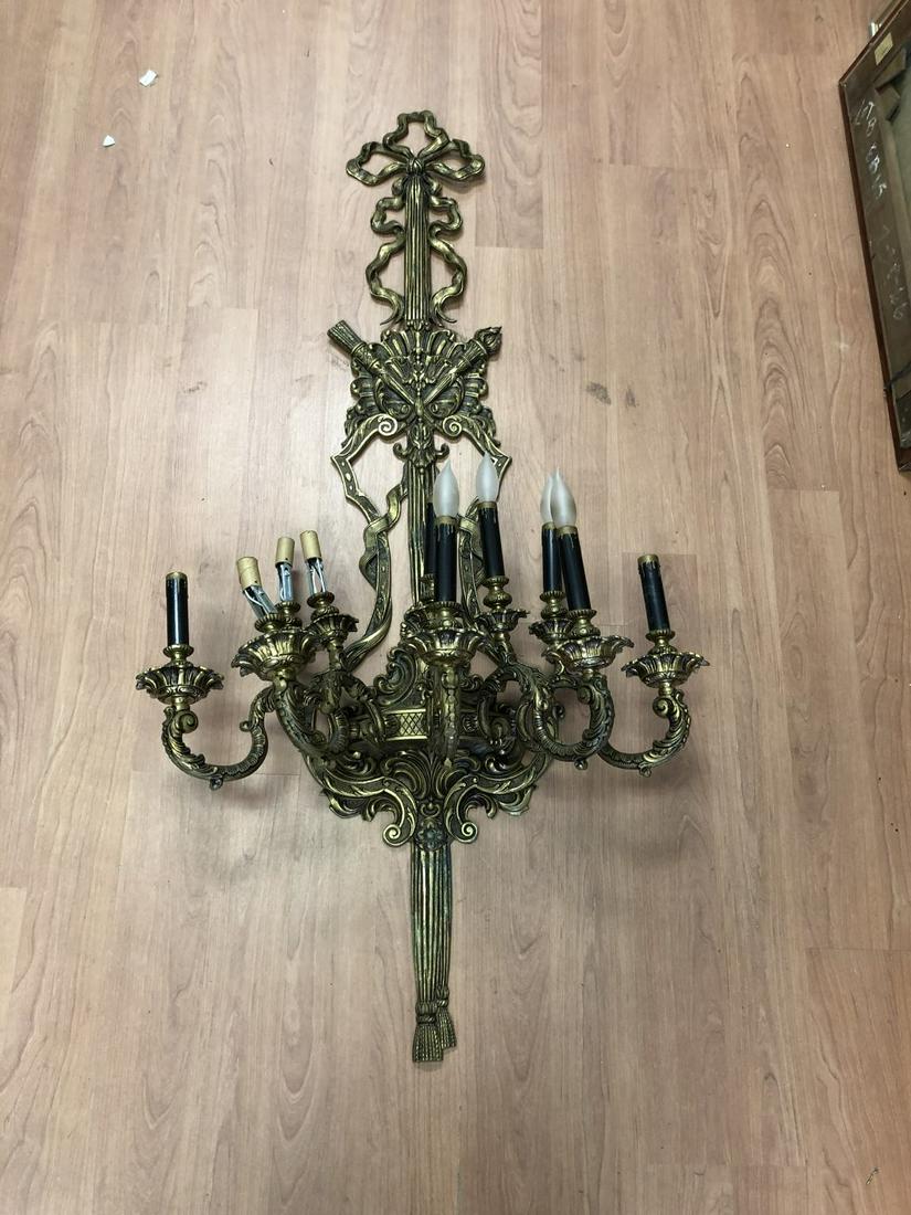 Ornate French Empire Napoleonic Bronze Sconce: Ornate French Empire Napoleonic Style Large Bronze Electrified Wall Sconce w/ 10 Lights. Candlestick Shape. Louis XVI Style. Some of the Candle Sticks Are Missing. Provenance From a New York Home. Dim