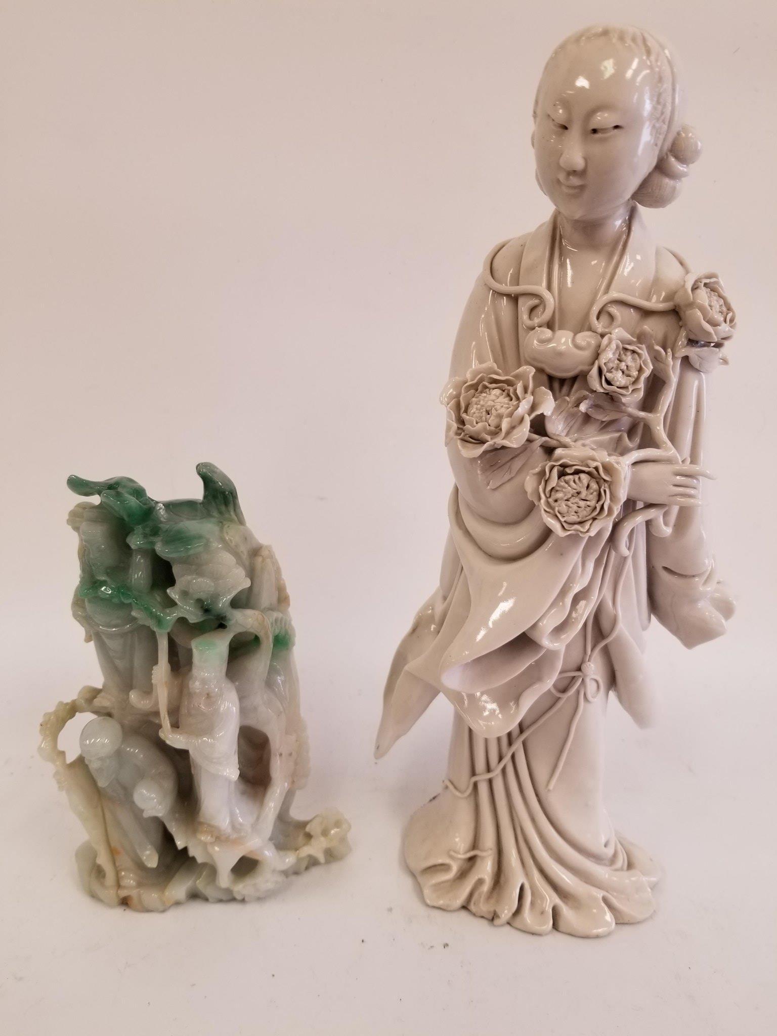 Antique Chinese Blanc De Chine Porcelain & Jadeite: Signed Antique Chinese Blanc De Chine Porcelain Figure Along w/ a Chinese Jadeite Figural Carving (New). Overall Good Condition. Small Piece of Rope Missing on Porcelain Figure. Provenance from a Quee
