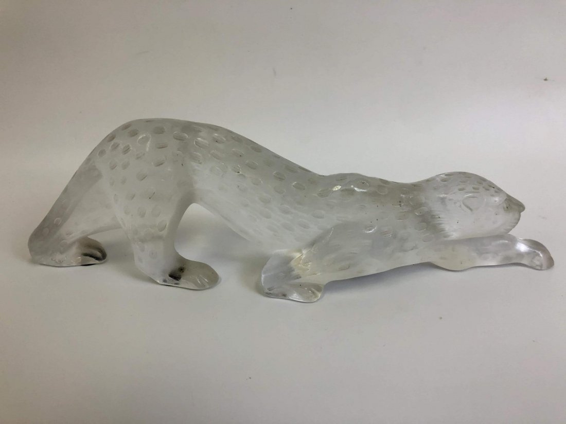 Lalique Zeila Panther Art Glass Sculpture: Lalique Zeila Panther Art Glass Sculpture. Designed by Marri Claude Lalique. Frosted Clear Crystal Spotted Cat in Attack Position. Signed Lalique,France. Provenance from a Long Island NY Home. General