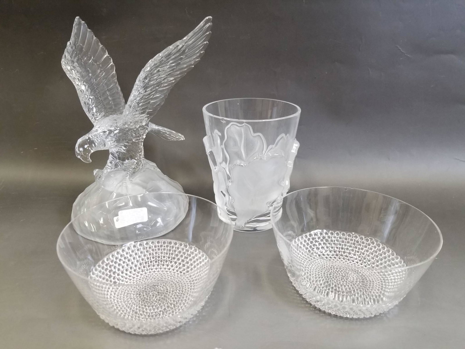 Lot of 4 Lalique Items: Lot of 4 Lalique Items Including Pair of R. Lalique Nippon Bowls, 1 Lalique Tumbler &1 Crystal D'arques Eagle. Both Nippon Bowls Have Small Chips on Top Edge. Tumbler Has Small Chip on Top. Eagle is i