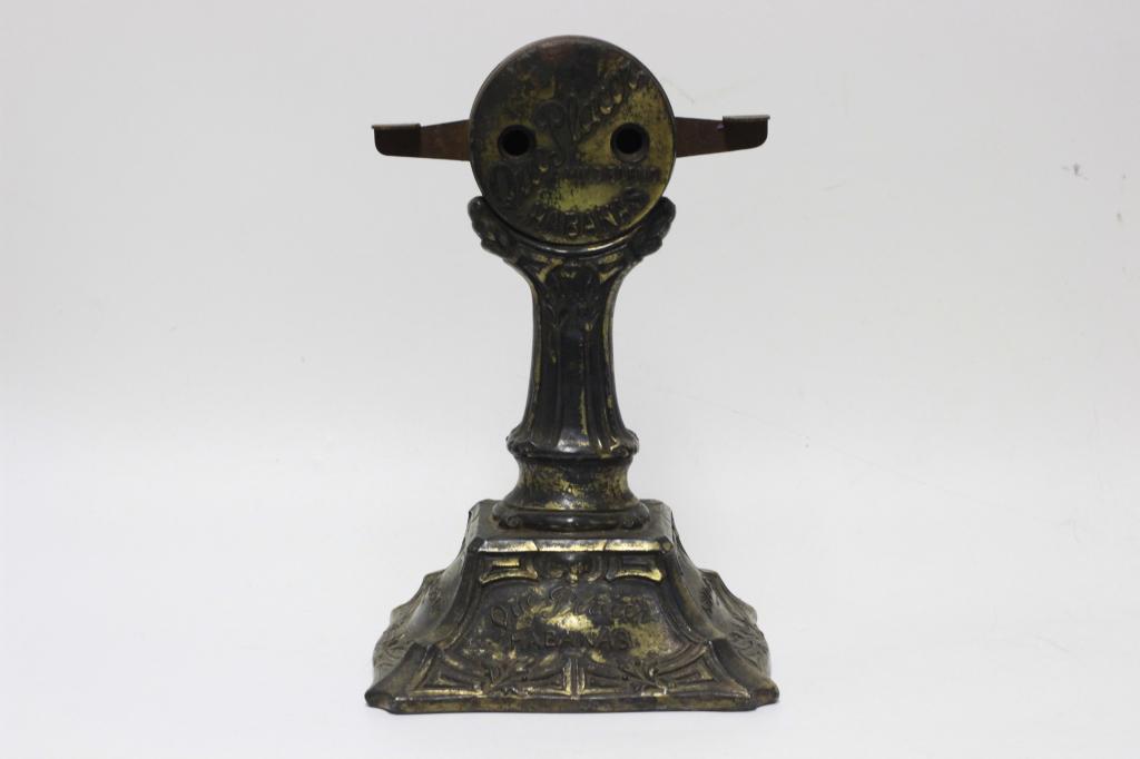 Push Down Advertising 2Hole Cast Iron Cigar Cutter: Push Down Advertising 2 Hole Cast Iron Cigar Cutter. Que Placer Havanas. Copyright Louis Y. Aronson, 1918. Re: Antique Cigar Cutters & Lighters. pg.139. Dimensions- H-8". Please note the absence of a 