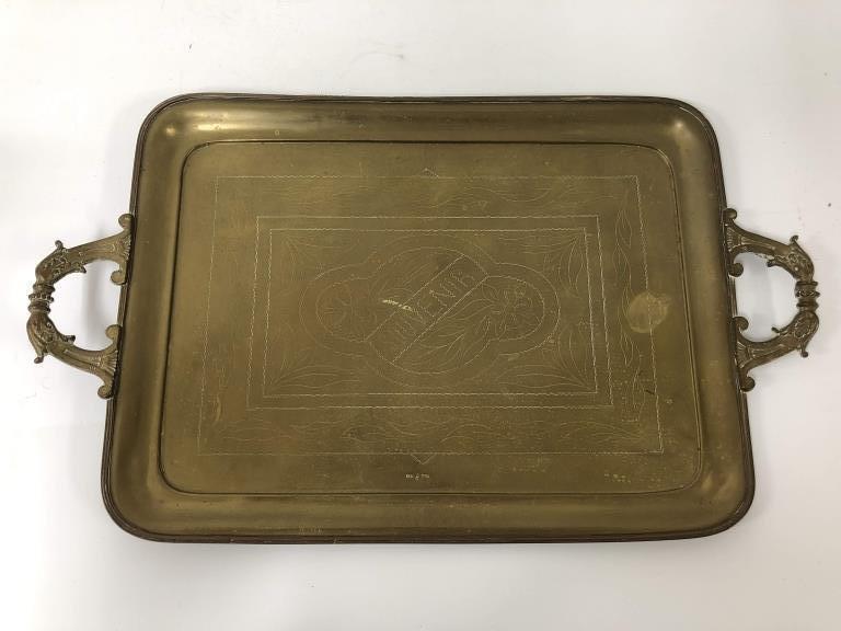 WWI Trench Art Souvenir Tray. Russian Mark.: WWI Trench Art Souvenir Tray. Russian Markings. Provenance from a Long Island, NY Estate. Generally Good Condition. Dimensions- L- 22" width 13.5" Please note the absence of a condition report does no
