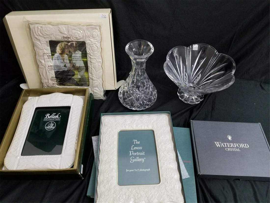 Lot of 6 Waterford, Lenox & Belleek Items: Lot of 6 Waterford, Lenox & Belleek Items Including Picture Frames, Wine Decanter & Bowl. Generally Good Condition. Most Never Opened in Original Box. Provenance From a NYC Estate. Dimensions- Decante