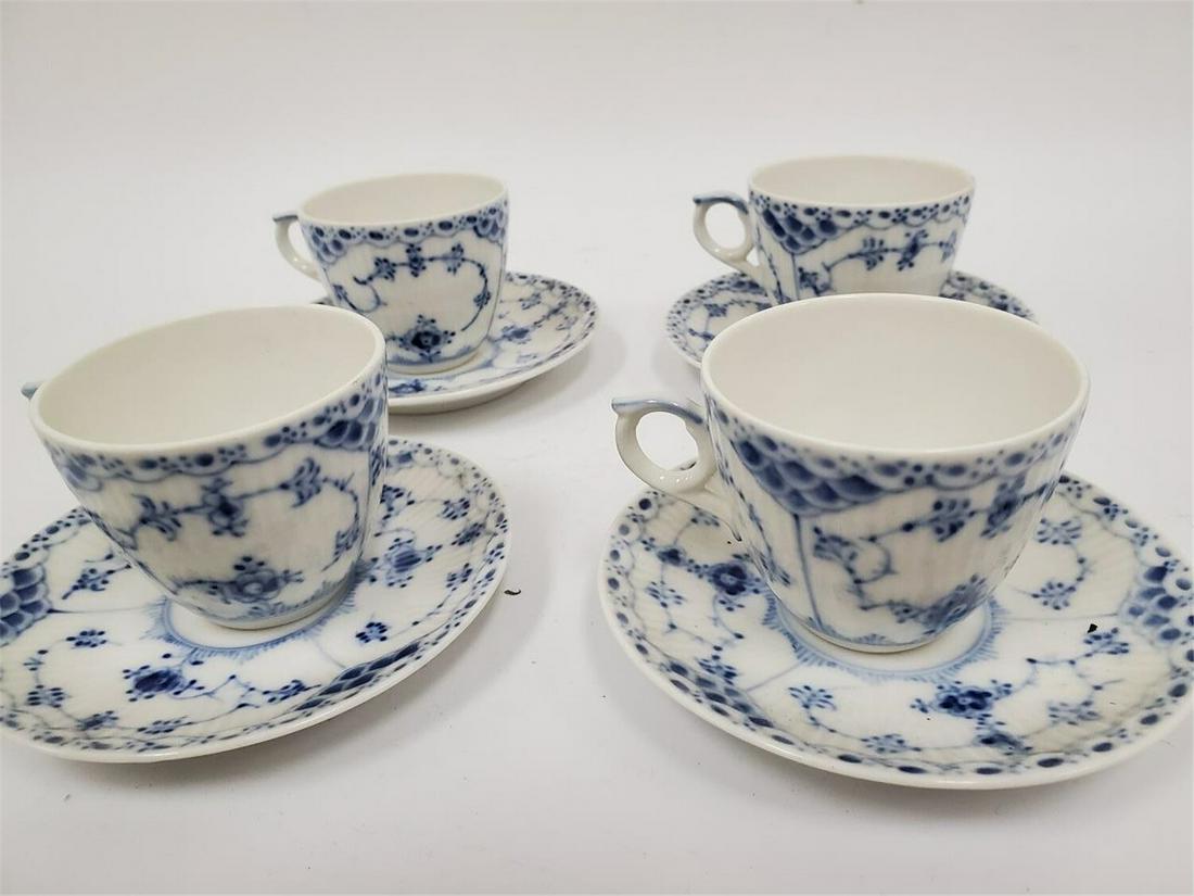 Royal Copenhagen 4pc Set of Espresso Cups &Saucers: Royal Copenhagen 4pc Set of Espresso Cups & Saucers, Blue Fluted Lace, Denmark. Provenance Upper East Side New York City Estate. Generally Good Condition. Dimensions- Cup H-2.25", Saucer Dia-4.5". Ple