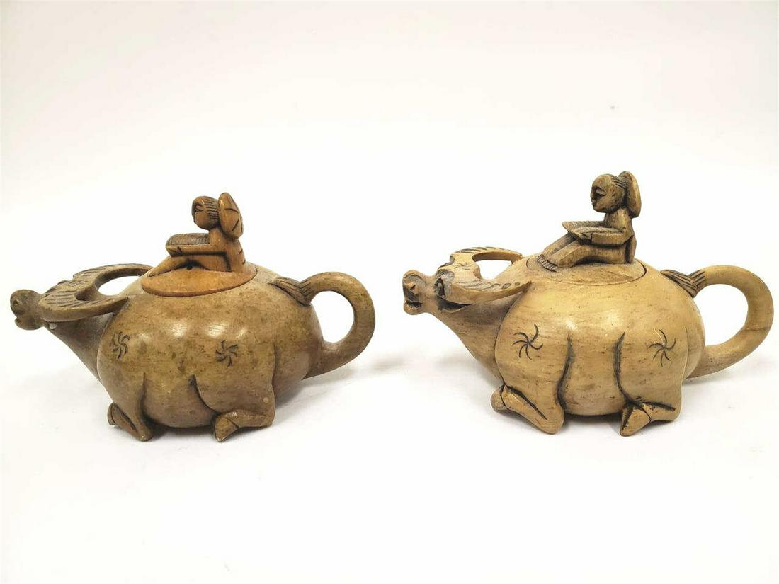 Chinese Pair of Water Buffalo Hard Stone Tea Pots (1 of 4)