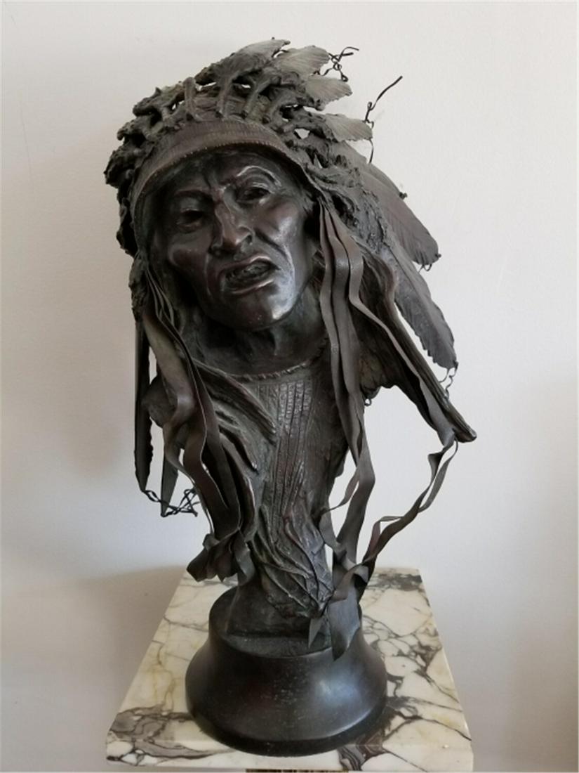 Signed Large Bronze  Bust of American Indian Chief (1 of 5)