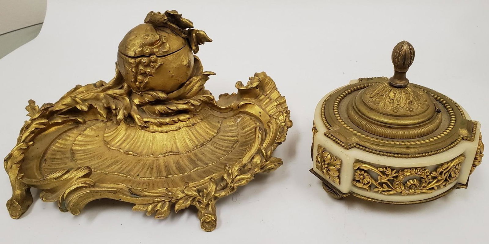 2 Antique Bronze Inkwells. 1 w/ Marble (1 of 6)