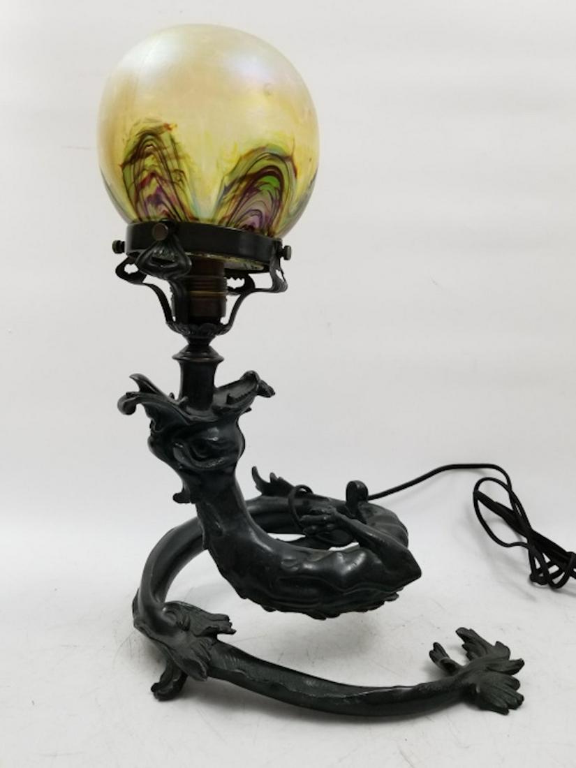 Bronze Art Nouveau Snake Lamp Base w/ Loetz Shade (1 of 5)