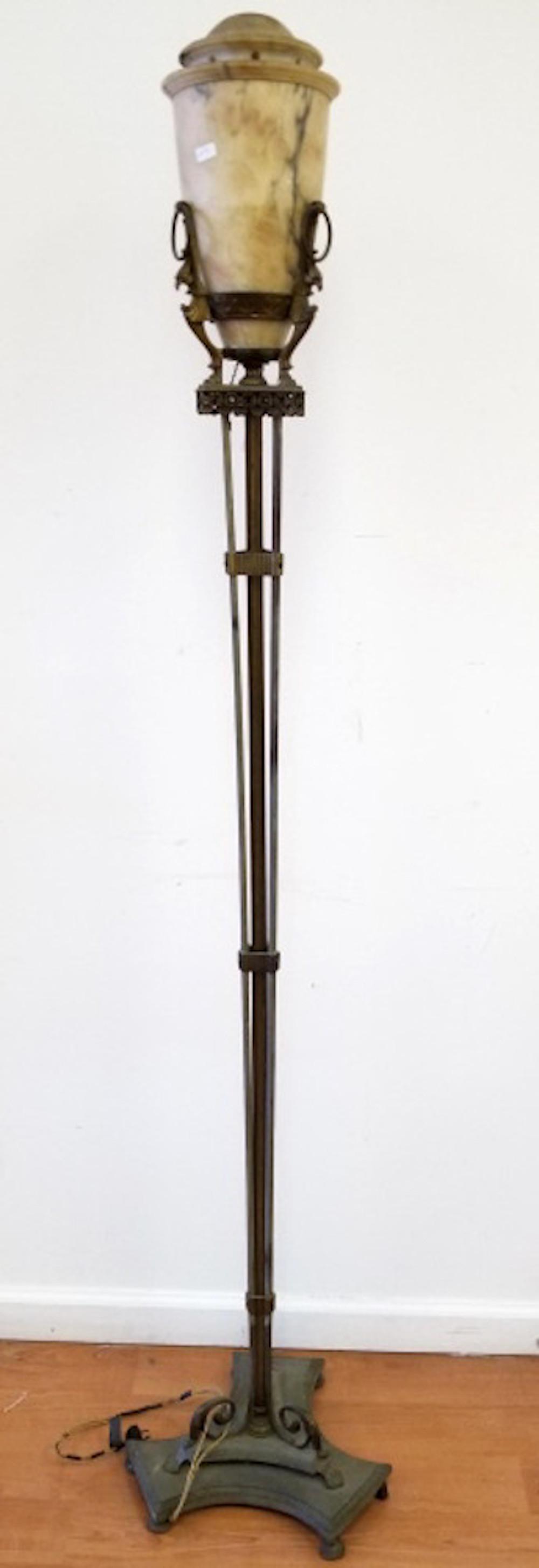 Art Deco Alabaster & Metal Griffin Floor Lamp: Art Deco Alabaster & Metal Griffin Floor Lamp. Appears to Be in Good Condition, Very Dirty. Provenance from a Long Island, NY Estate. Dimensions- Total H-69". Please note the absence of a condition re
