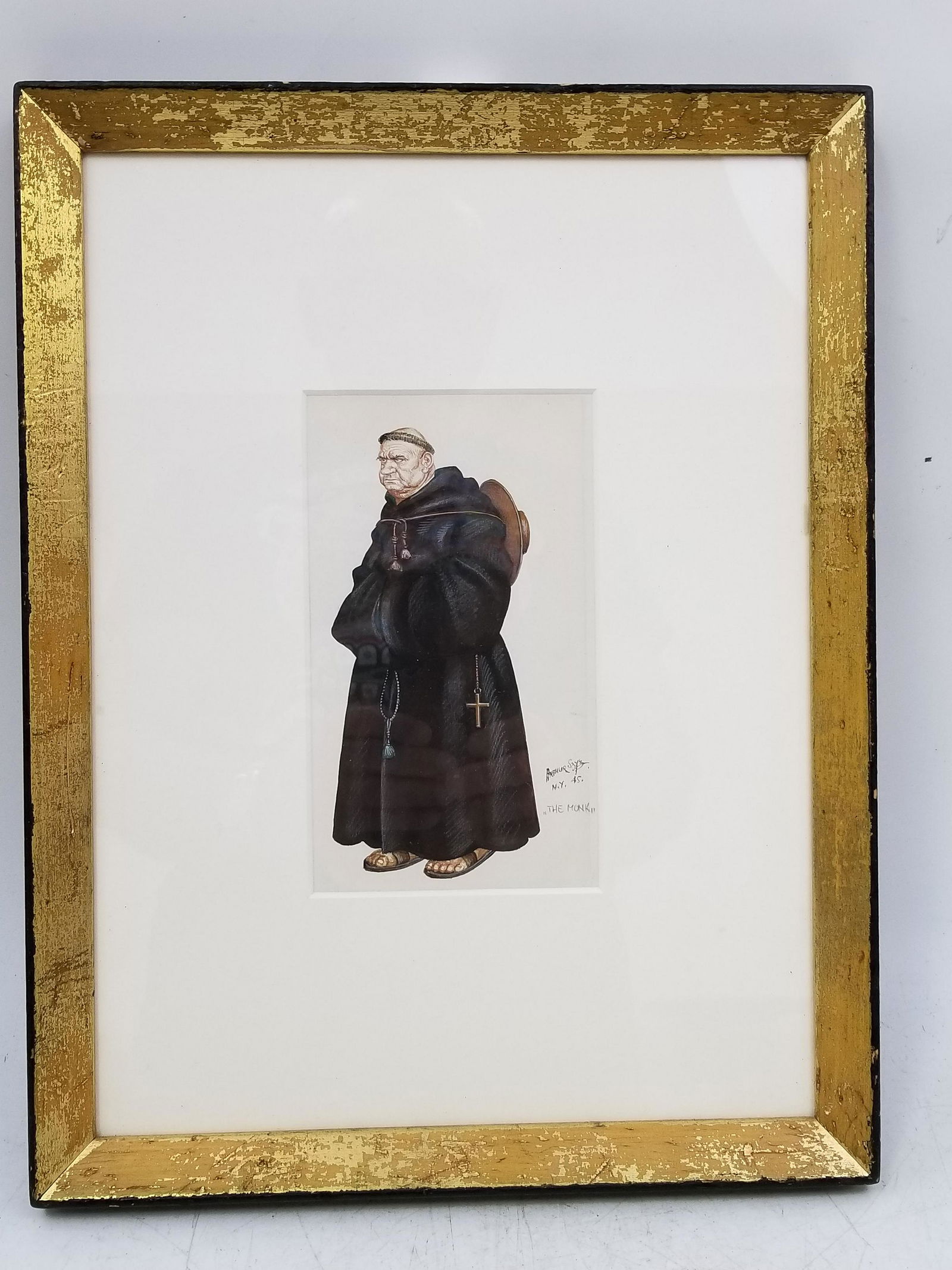 Watercolor on Paper by Arthur Szyk (1894-1951): Watercolor on Paper by Arthur Szyk (American Polish 1894-1951). Signed lower right, NY 45 " The Monk". Excellent condition. Dimensions: Sight 7" x 4", Frame 14" x 11" Provenance: From a New Jersey Est