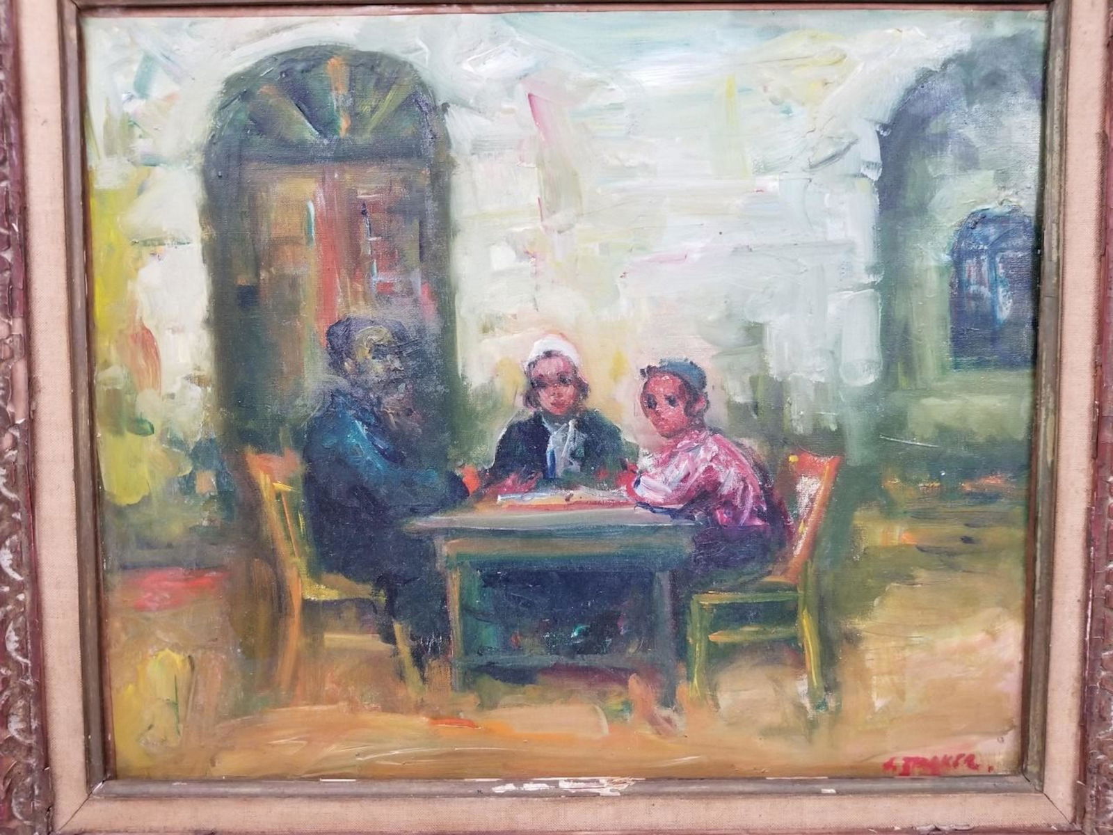 Jacques Zucker, Polish (1900-1981) Judaica O/C: Jacques Zucker, Polish (1900-1981) Judaica O/C, School in Old Jerusalem. Dimensions- Sight-15.5" x L-18", Frame-22" x 25". Please note the absence of a condition report does not imply that there are n