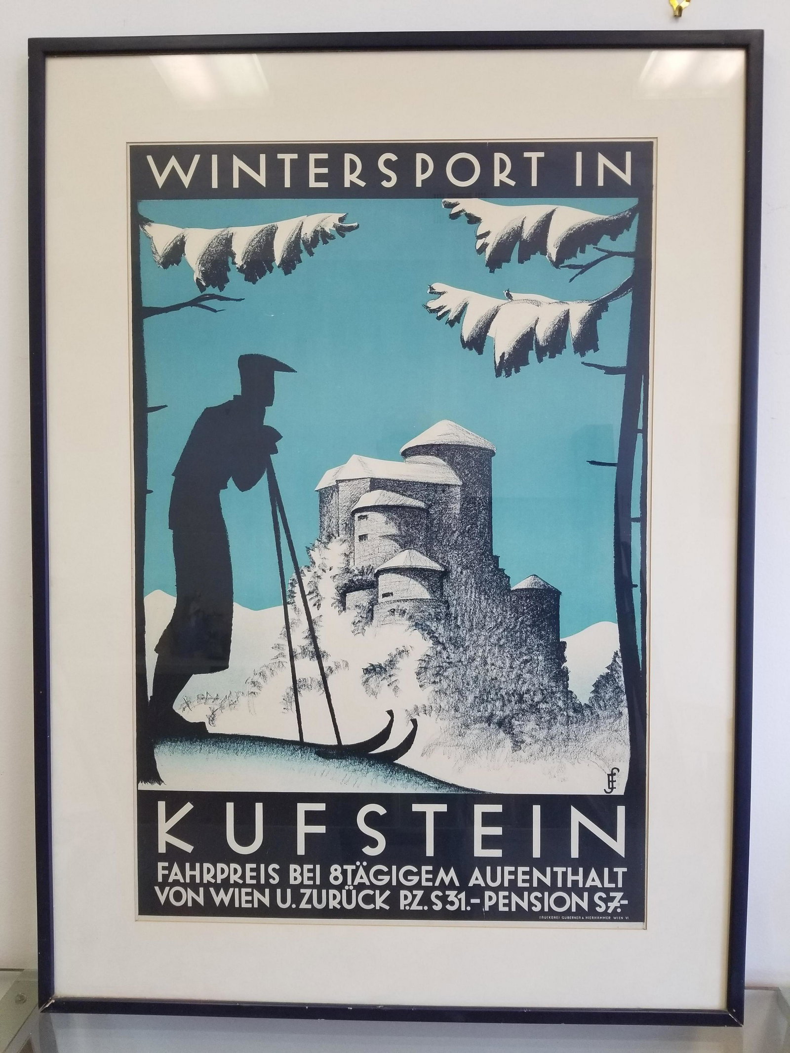 Rare Original Austrian Poster Winter Sports signed: Rare Large Original Austrian Poster for Winter Sports Signed lower right. Probably Circa 1930's. Condition: Appears to be in excellent condition. Dimensions: Sight 37" by 25", Frame 46" by 34" Provena