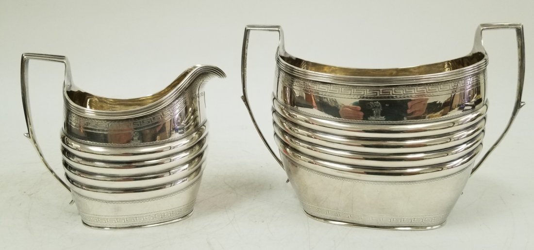 English George III Sterling Silver Bowl & Creamer: English George III Sterling Silver Matching Sugar Bowl and Creamer, by Thomas Halford, London, England circa 1808. Fully Hallmarked. Generally good condition. Dimensions: Sugar bowl, W 7", H 4.75" Tot
