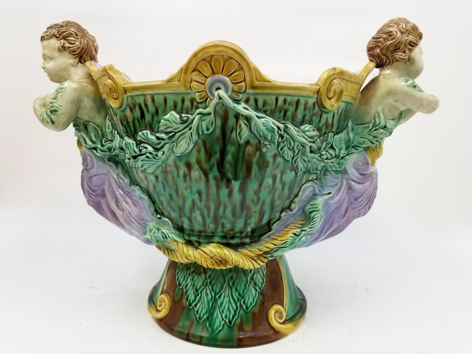 Monumental 19C Majolica Centerpiece: Monumental 19C Majolica Centerpiece. Possibly Minton. Generally good condition, Needs cleaning. Dimensions : L 20", W 13", H 15.5" Provenance: From a Long Island Estate. Please note the absence of a c