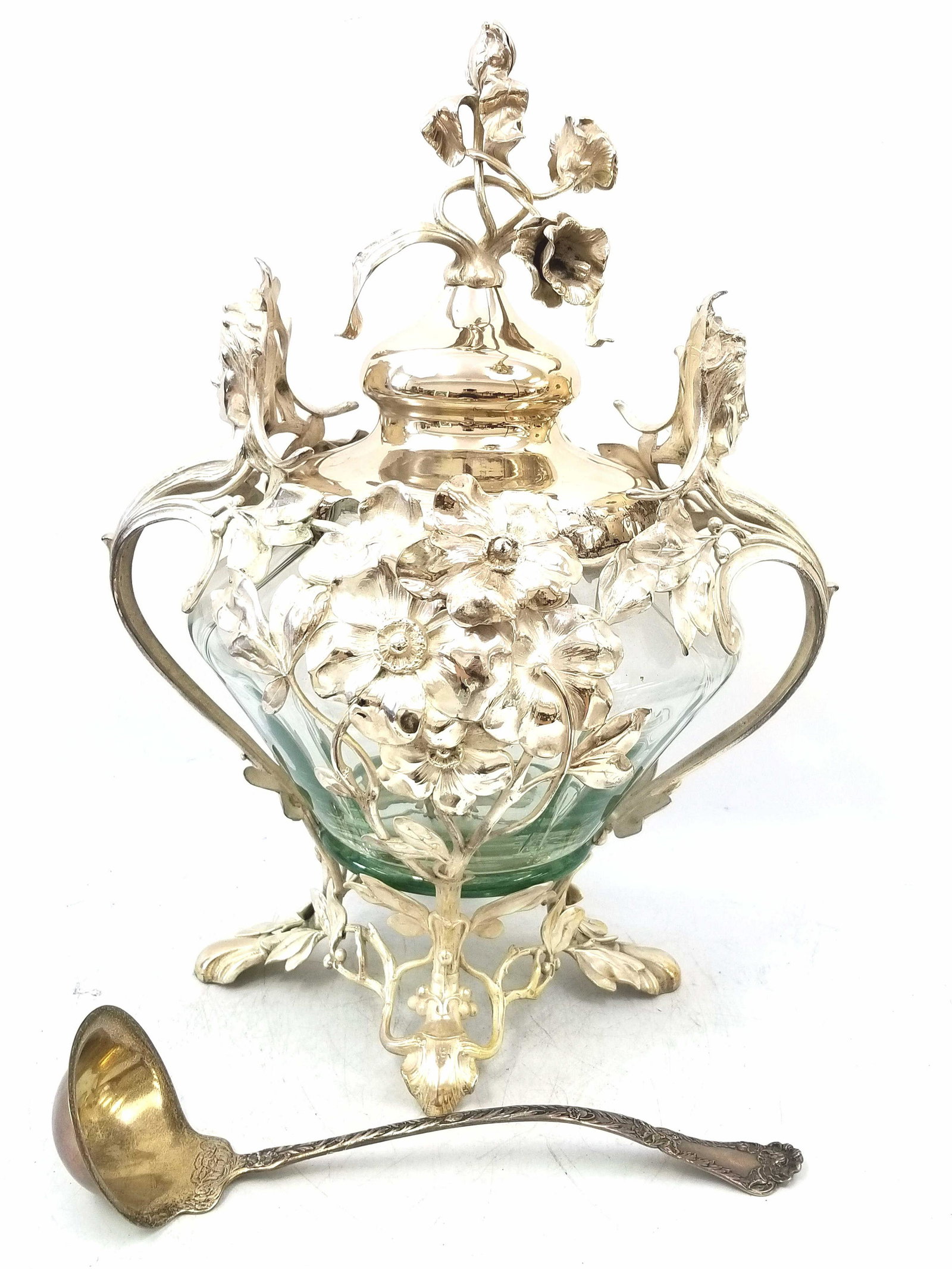 WMF Austrian Art Nouveau Metal/Glass Tureen: WMF Austrian Art Nouveau Silvered Metal and Glass Tureen with an associated sterling silver Ladle. In generally very good condition, scratches on the edges of the cover due to use. There are no missin