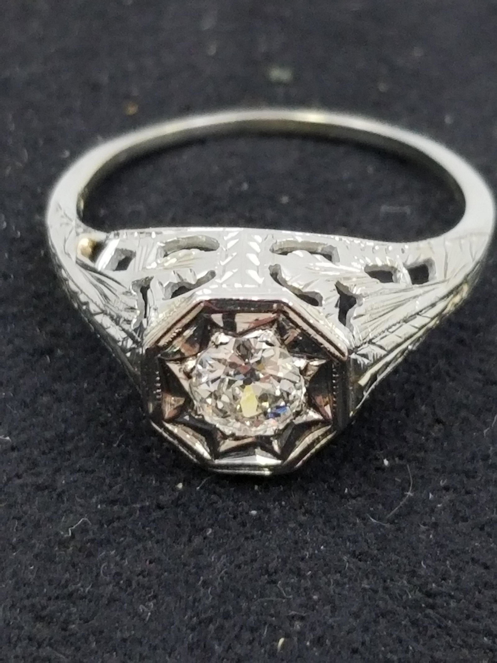 Art Deco 18K White gold and Solitaire Diamond Ring: Art Deco 18K White gold and Solitaire Diamond Ring with 0.45Ct. of old cut Diamonds. Condition: Excellent condition. Ring size 7.5 Total Weight: 2.7 gr. Provenance: From a Long Island Mansion. Please 