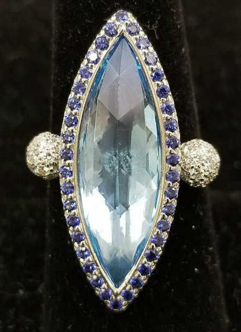 Unusual 18K White Gold, Diamonds & Blue Topaz Ring (1 of 3)
