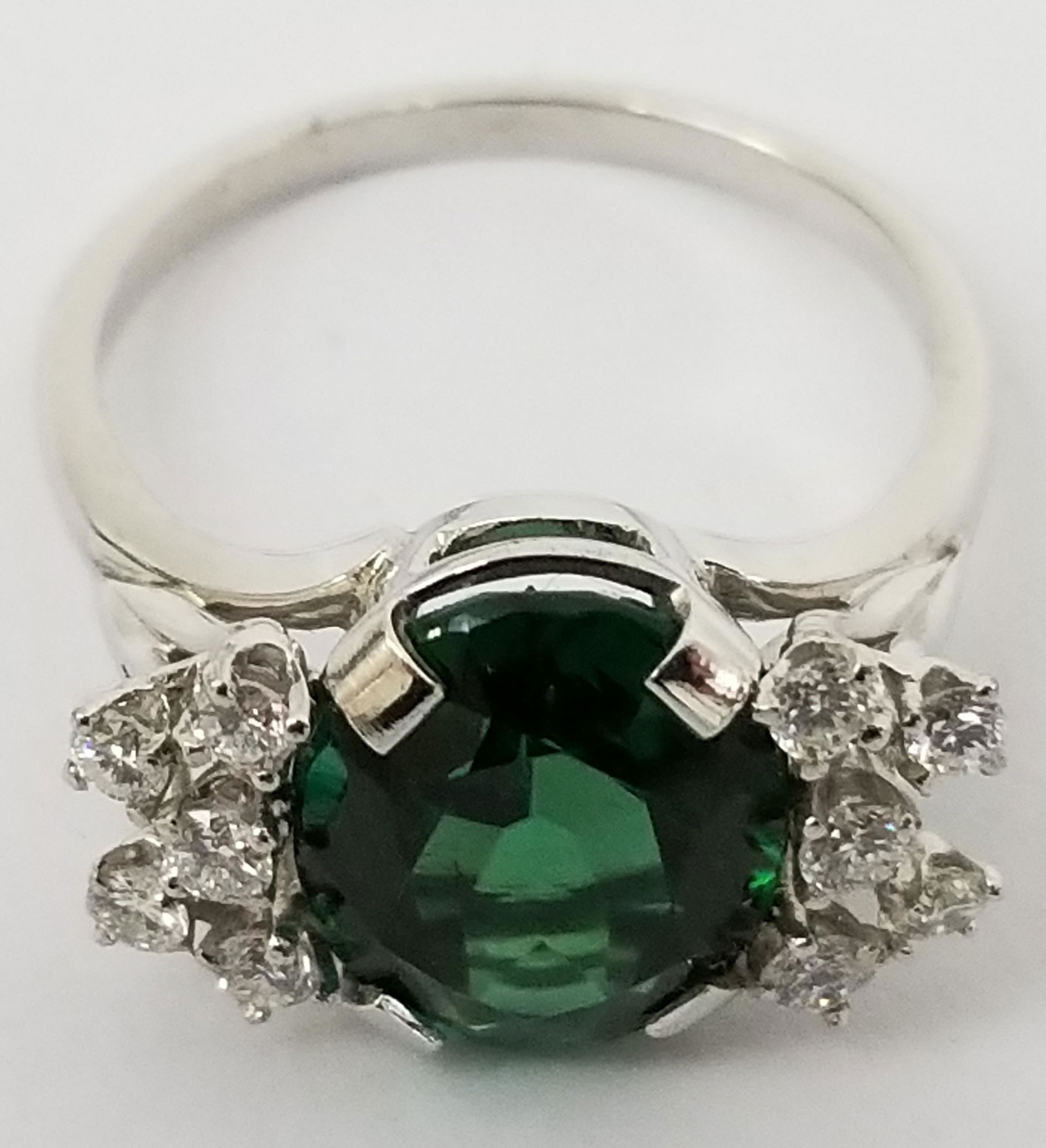 14K White Gold, Diamonds & Green Stone Ring (1 of 2)