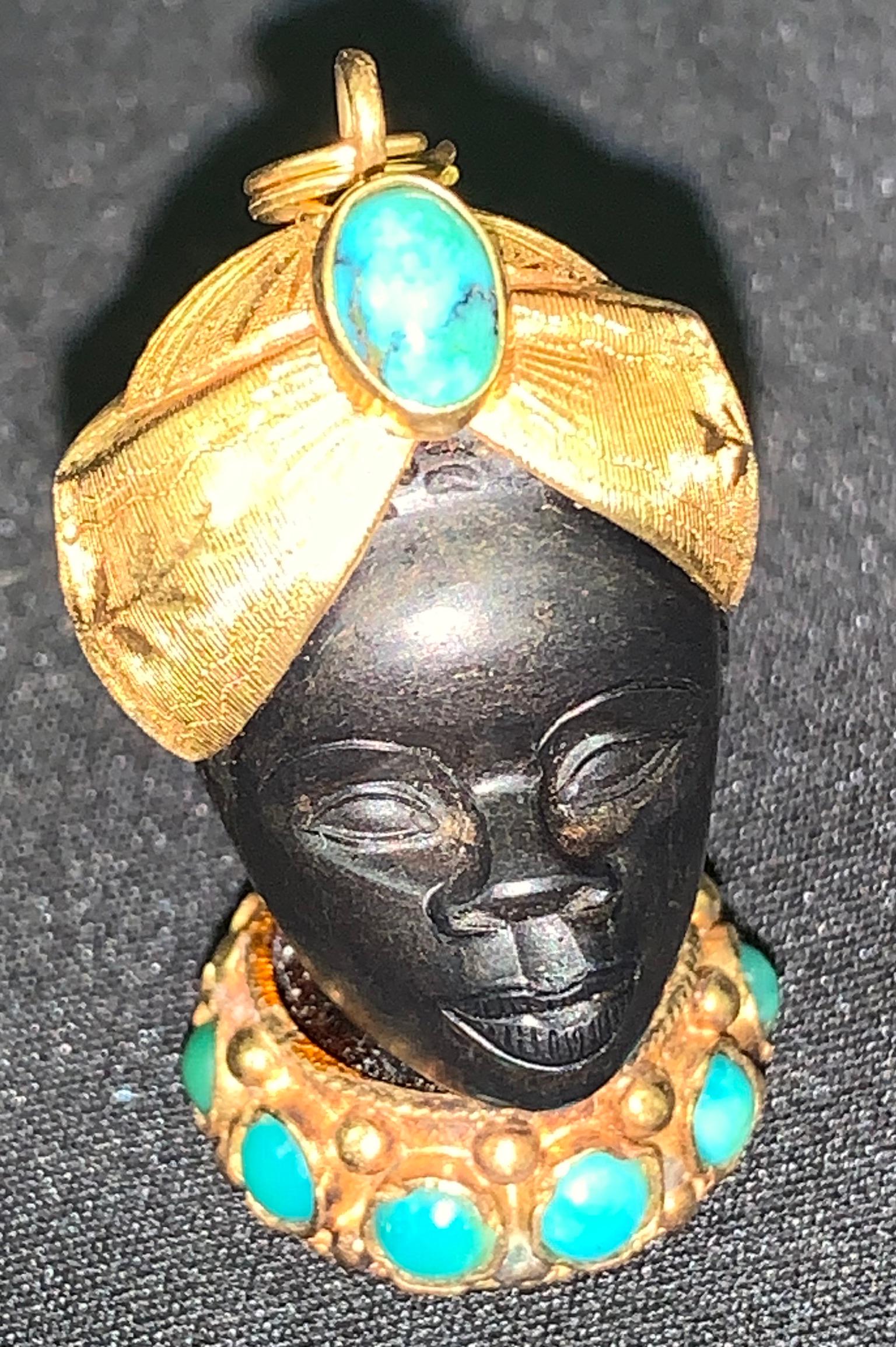 Rare 18K Gold, Turquoise Moretti Pendant: Rare 18K Gold, Turquoise Moretti Pendant.Condition: Generally good condition.Dimensions: H 1.25"Weight: 24 Gr.Provenance: From a Queens Estate.Please note the absence of a condition report does not im