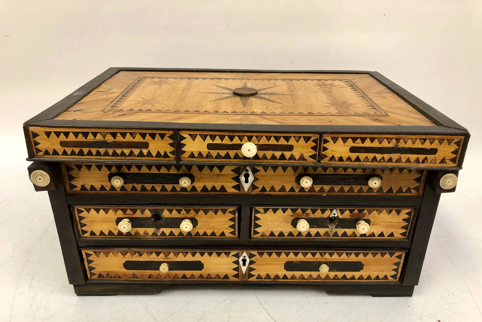 Rare Antique Folk Art Jewelry Casket: Rare Antique Folk Art Jewelry Casket with Various Inlaid Woods, Carved Bone Handles & Decorations & Secret Compartments. At Least 19thC or Earlier.Generally good condition with minor losses due to age