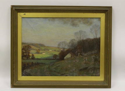 William Merritt Post, American (1861-1938) O/C: William Merritt Post, American (1861-1938) O/C, Scene of Barn & Haystacks. Signed Lower Right. Provenance from a Garden City, NY Collector. Generally good condition. A few craquelure, mostly in sky se