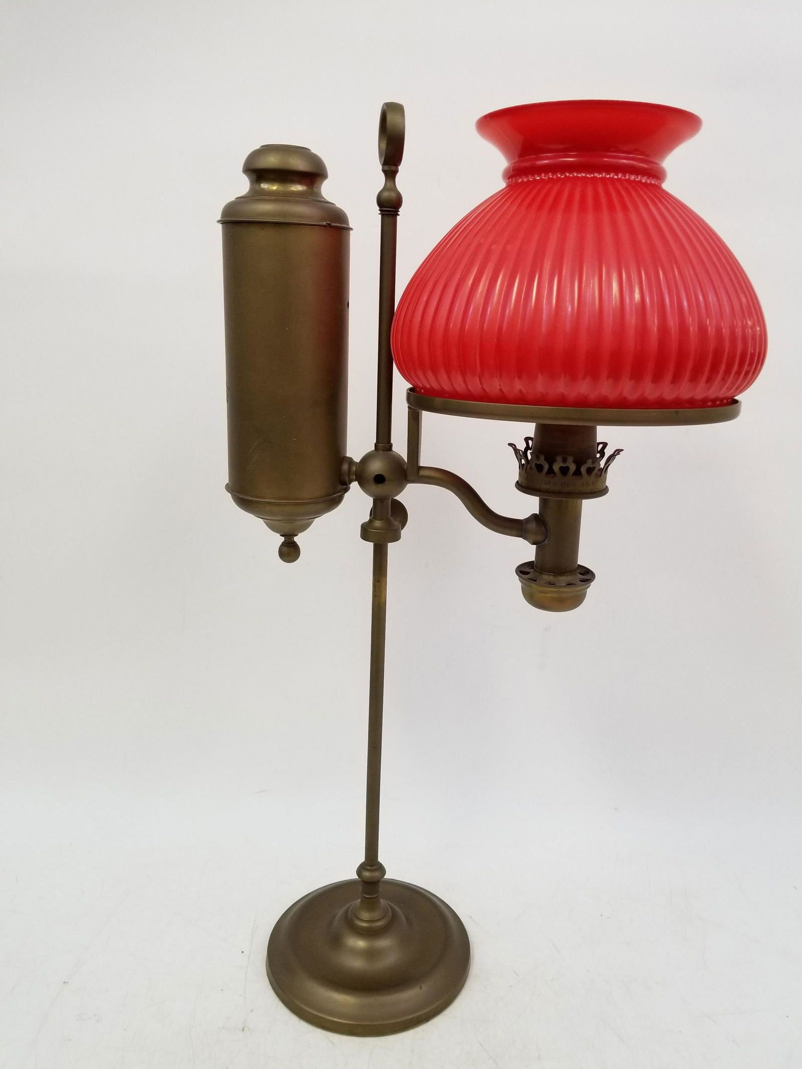 Antique 19th C Bronze Student Lamp w/ Red Shade (1 of 3)
