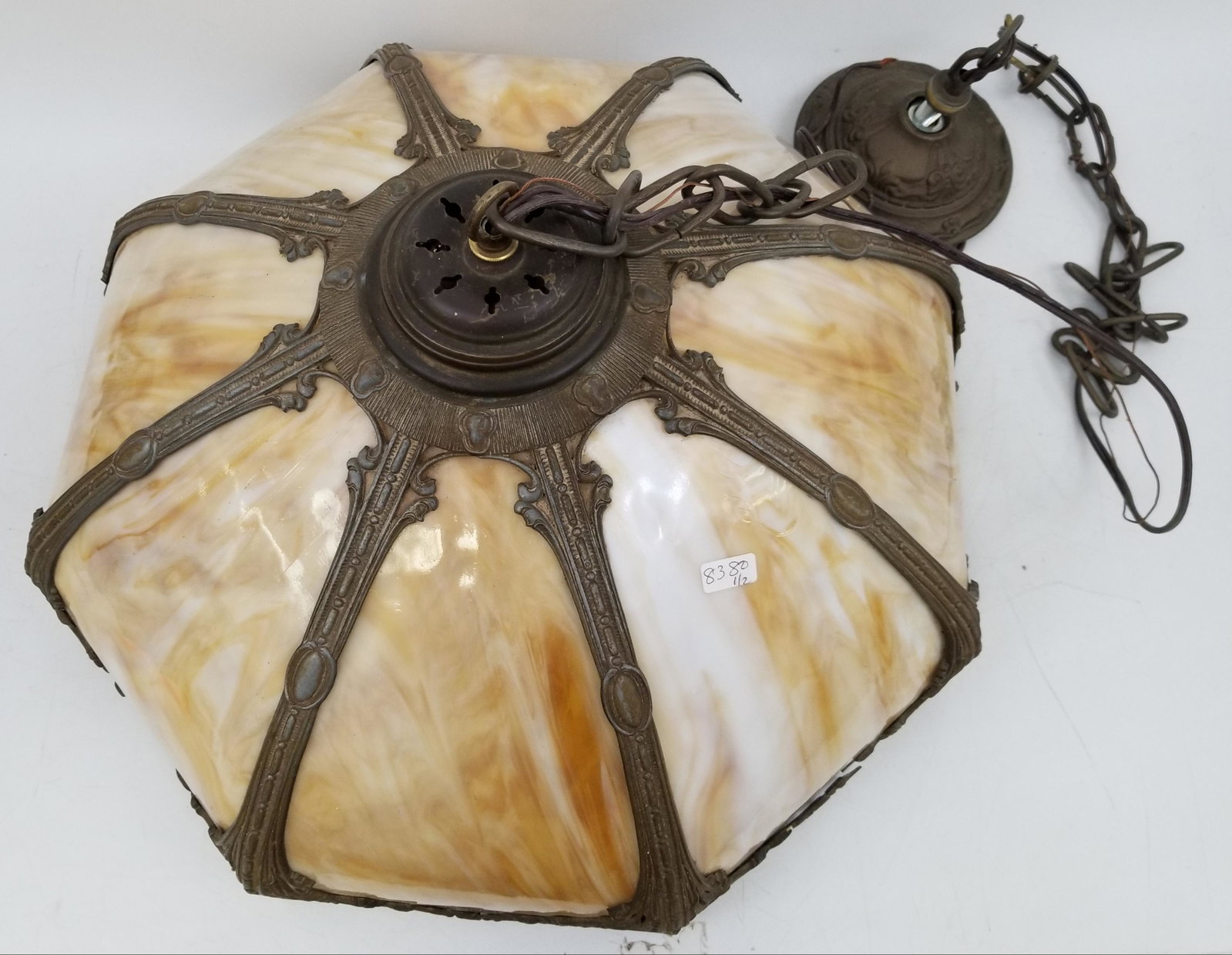 Antique Slag Glass Chandelier: Antique Slag Glass Chandelier & a Vintage Leaded LampCondition: Chandelier is in good condition and the Lamp shade has Damage.Dimensions: Dia of Chandelier 18.5"Provenance: Brooklyn CollectorPlease no