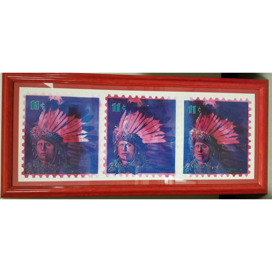 Unusual Collage Painting, Signed, Dated & Numbered: Unusual Collage Painting, Signed, Dated & Numbered of Native American in Shape of Stamps. Each one is different. Condition: Generally good. Dimensions: Sight-44"x17", Frame-51"x23". Provenance: From a